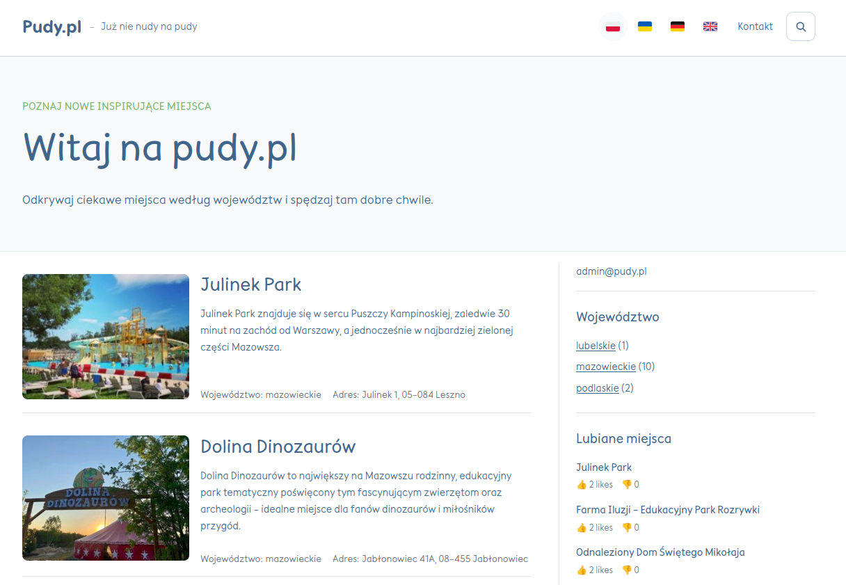Witryna z listą inspirujących miejsc